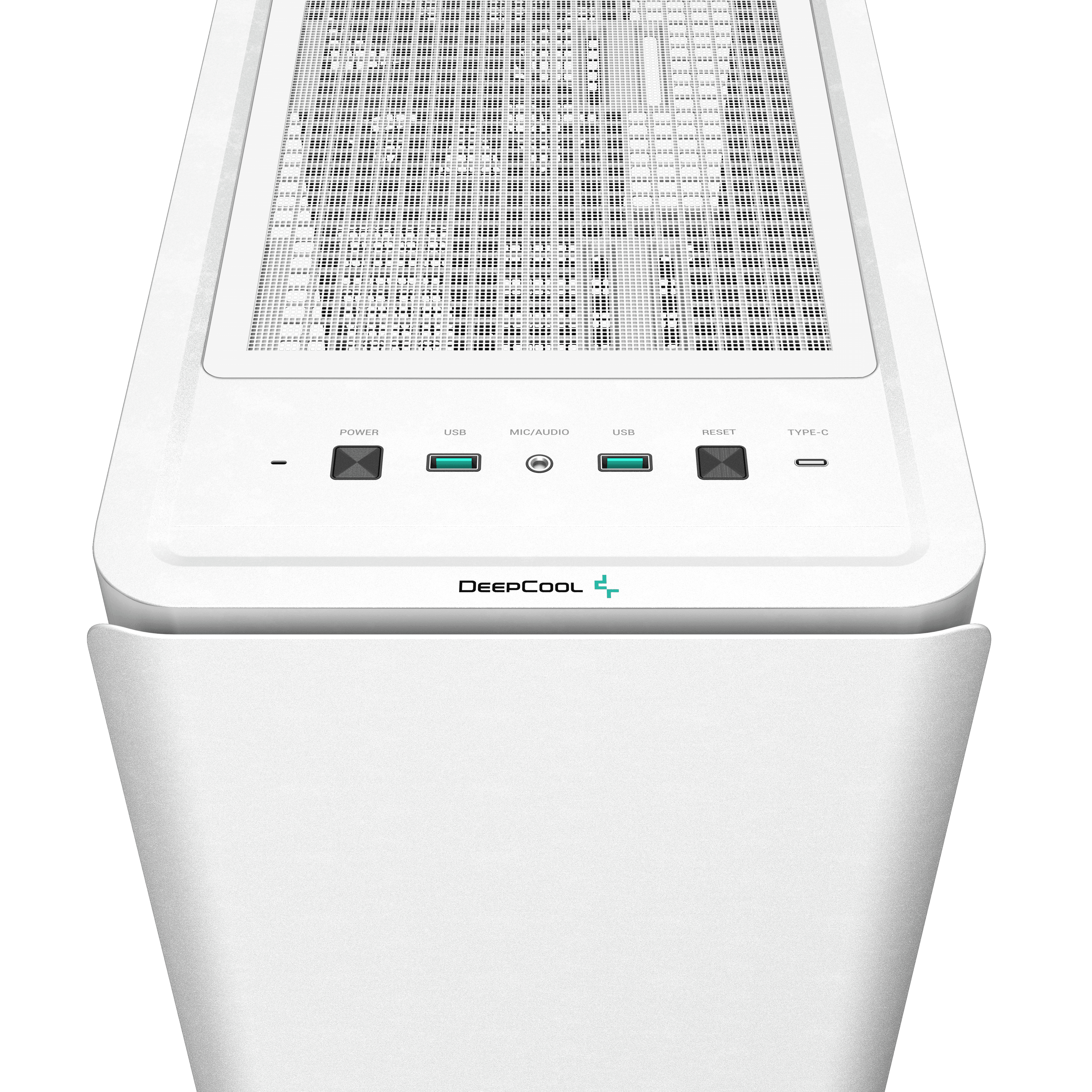 Widok z góry na białą obudowę komputera. Ma przyciski i porty oraz logo DeepCool.