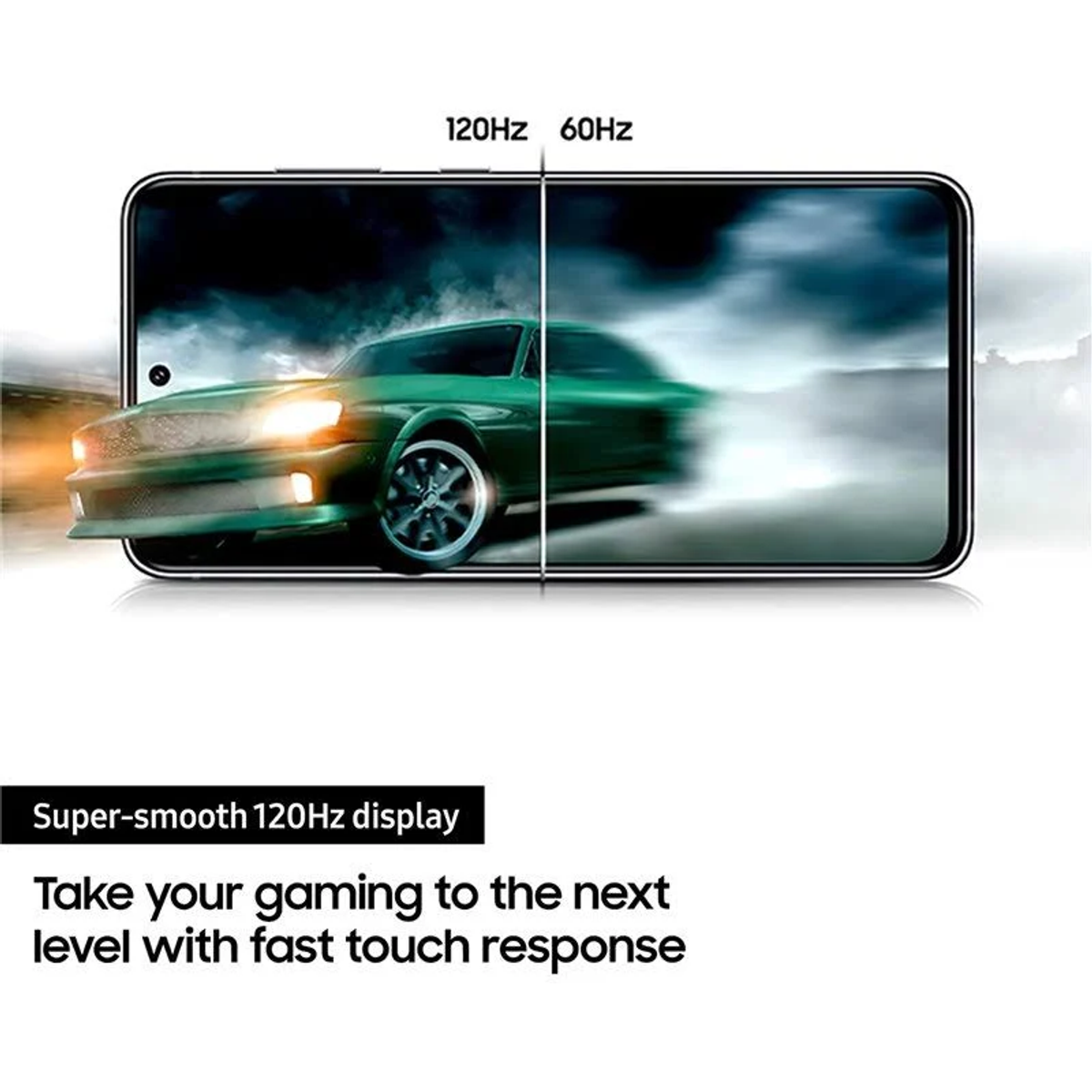 Smartfon wyświetlający grę wyścigową, z opcjami wyświetlania 120 Hz i 60 Hz.