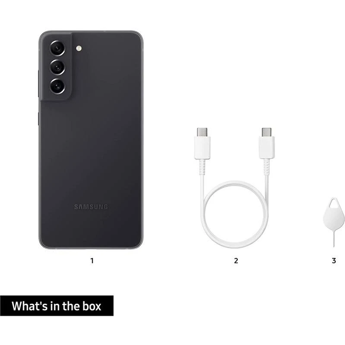 Czarny telefon Samsung, biały kabel USB-C i narzędzie do wyjmowania karty SIM leżą na białej powierzchni. Tekst: Co w pudełku.