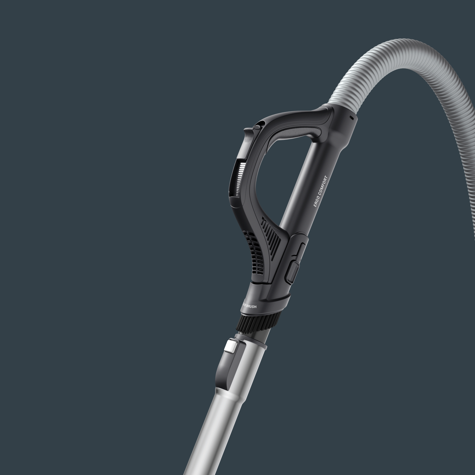 Uchwyt odkurzacza. Czarny z szarym wężem. Ergonomiczny design.