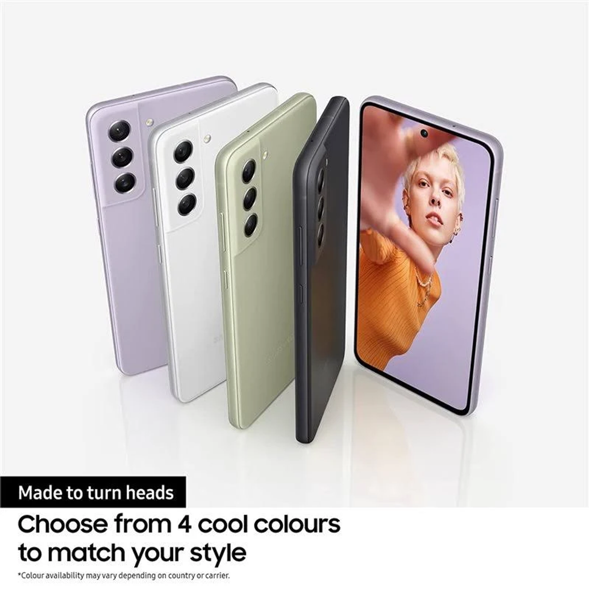 Cztery kolorowe smartfony w rzędzie, twarz osoby na ekranie.