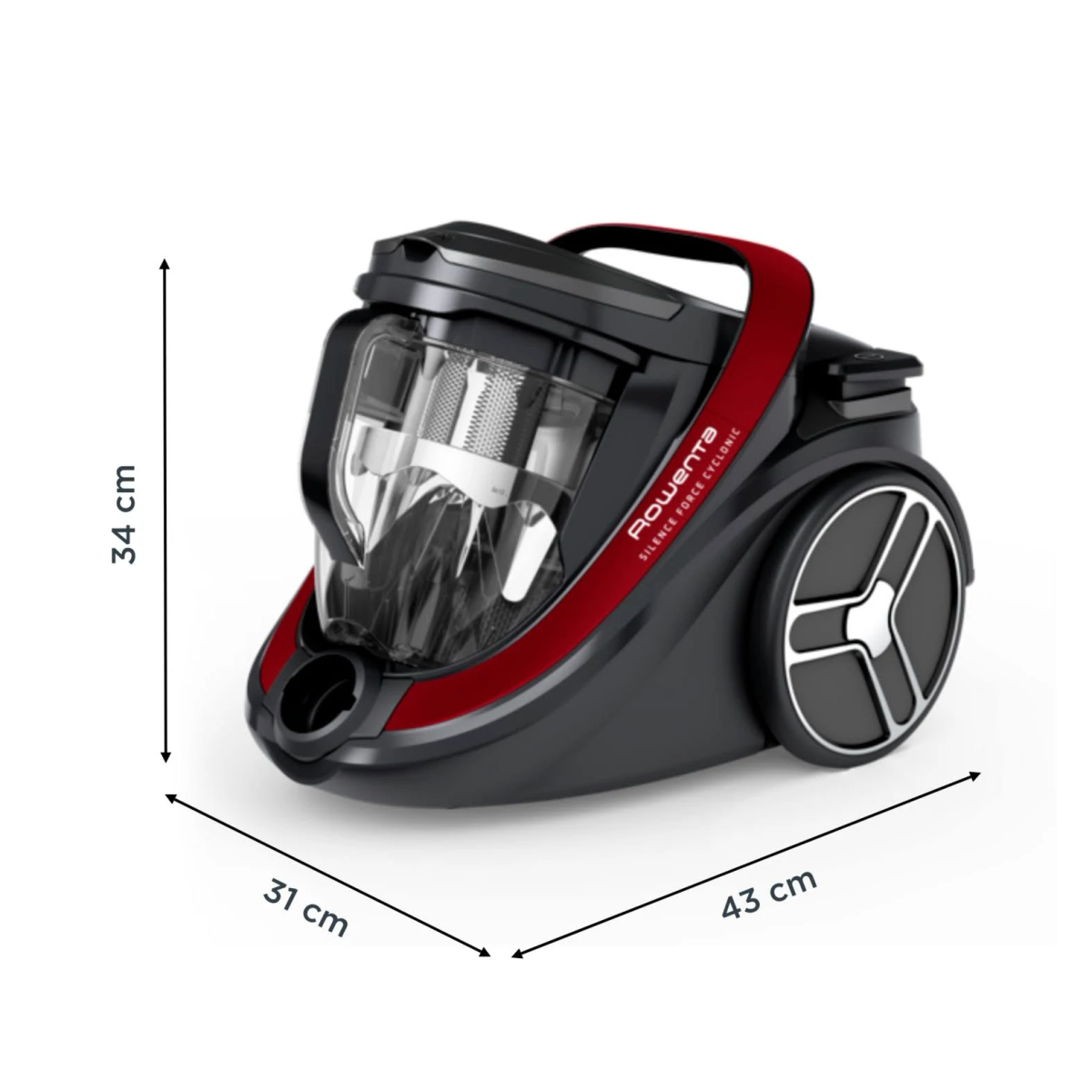 Een rood-zwarte stofzuiger met afmetingen in centimeters.