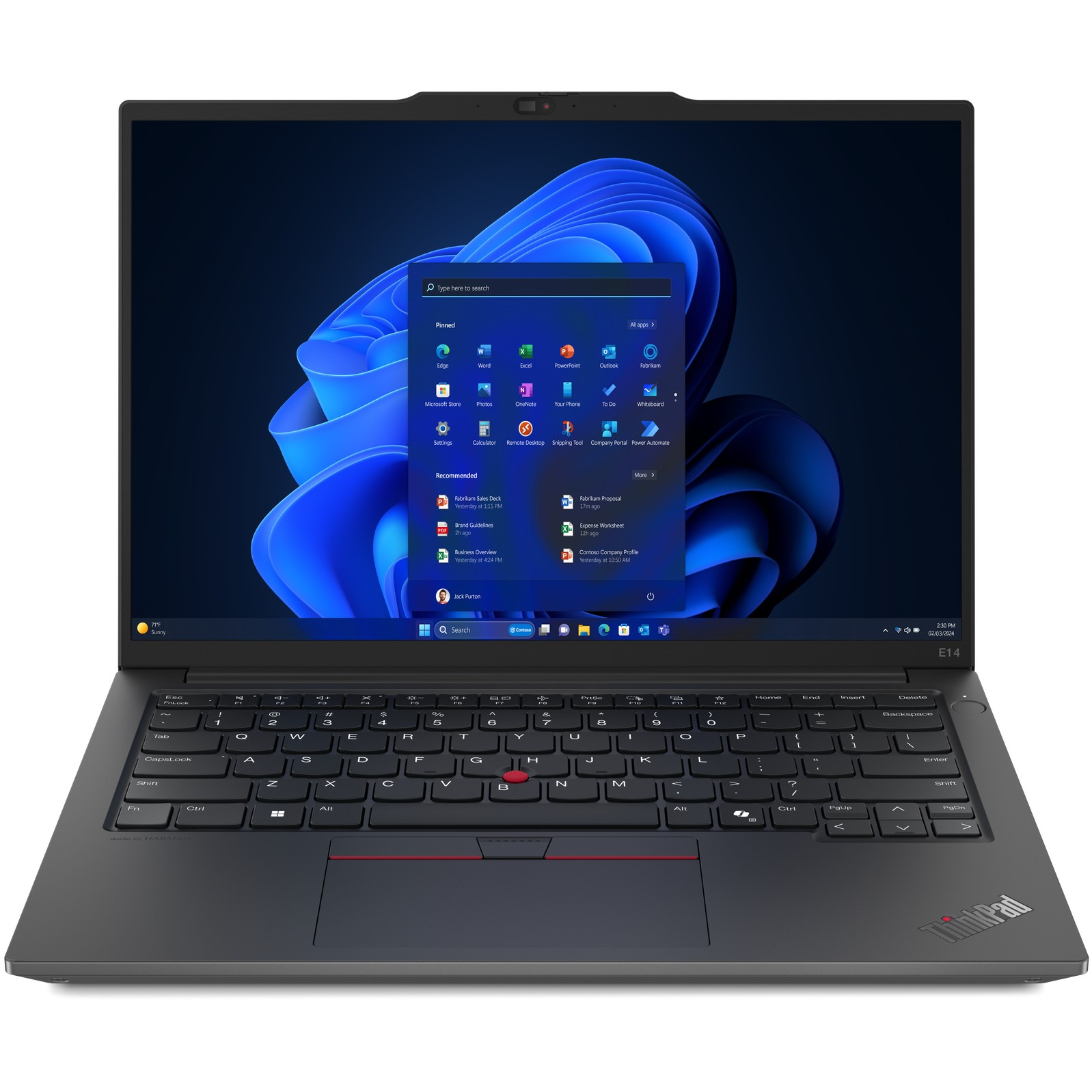 Un laptop Lenovo ThinkPad E14 nero è aperto. Lo schermo mostra la schermata iniziale di Windows 11.