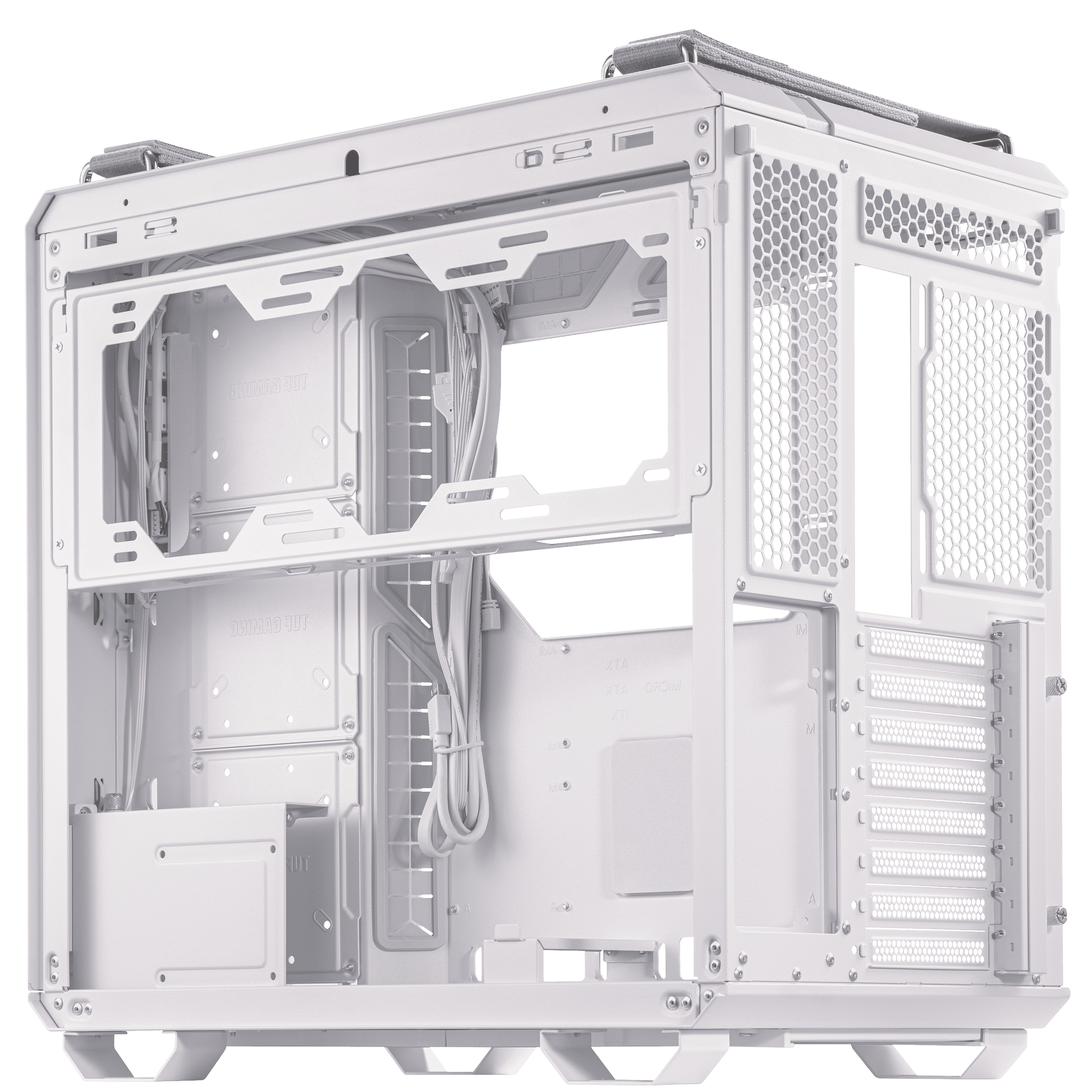 Interieur van een witte computerkast met zichtbare componenten en kabelbeheer, open ontwerp, zijkant met ventilatie.
