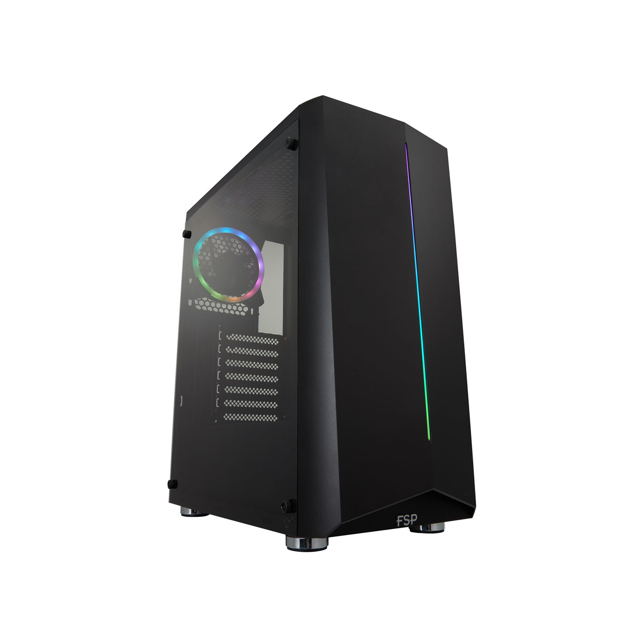 Una caja de computadora negra con un panel lateral de vidrio. Tiene iluminación RGB y un logotipo de FSP en el frente.