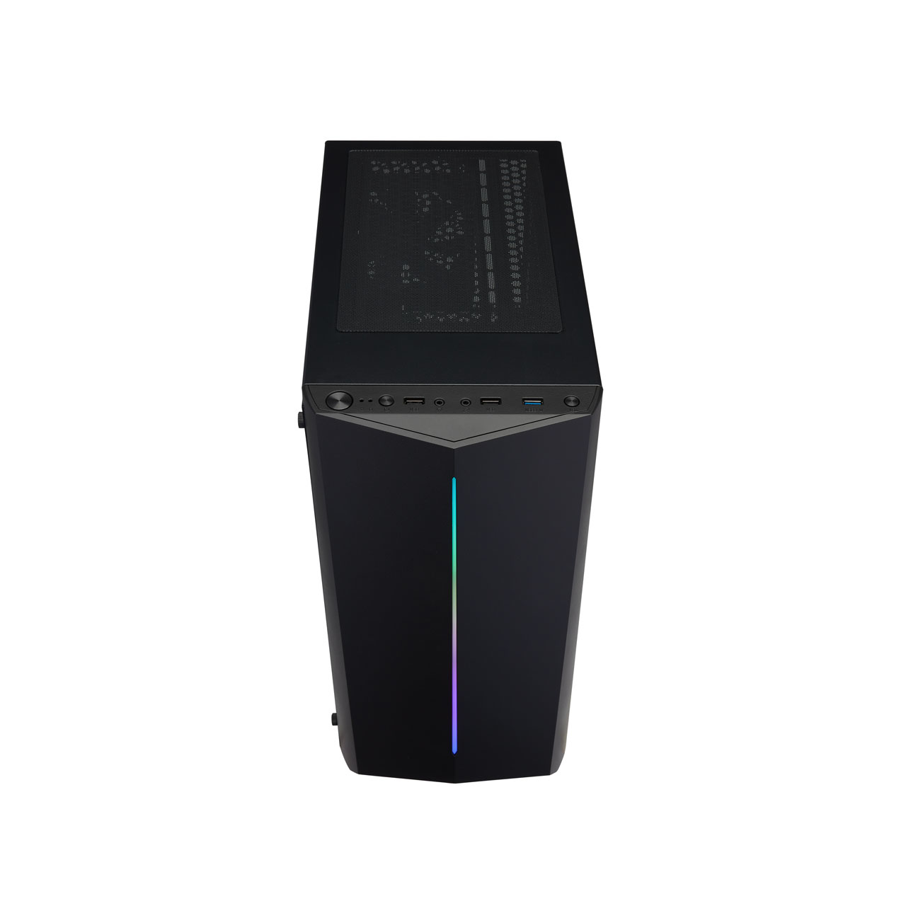 Una caja de ordenador negra con parte superior de malla y tira de luz vertical en el frente, sobre fondo blanco.
