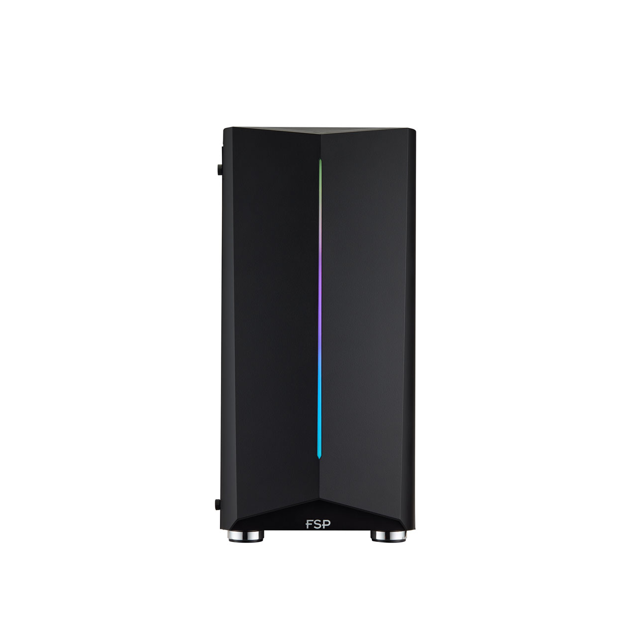 Torre de ordenador negra. Diseño vertical. Tira de luz de colores al frente.