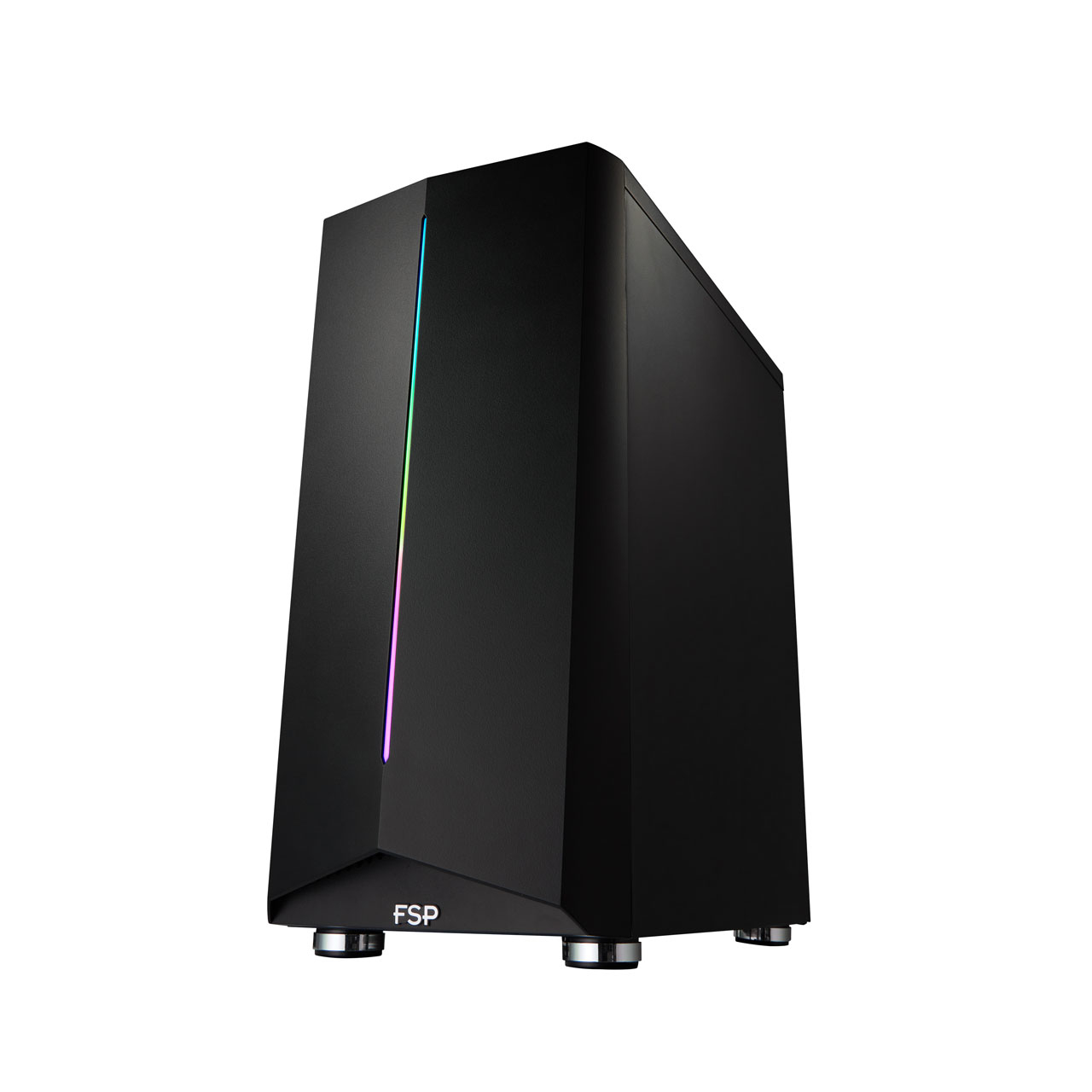Carcasa de computadora negra con una franja vertical iluminada y el logo FSP.