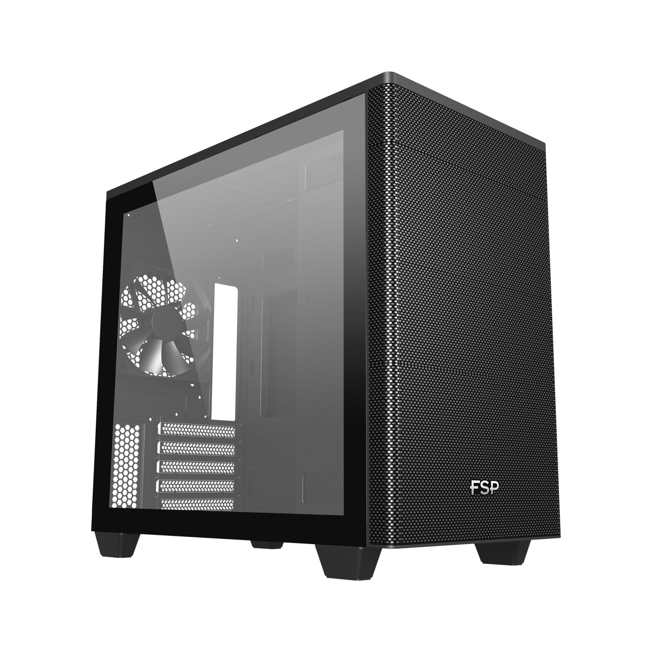 Case per computer FSP nero con pannello laterale in vetro, che mostra i componenti.