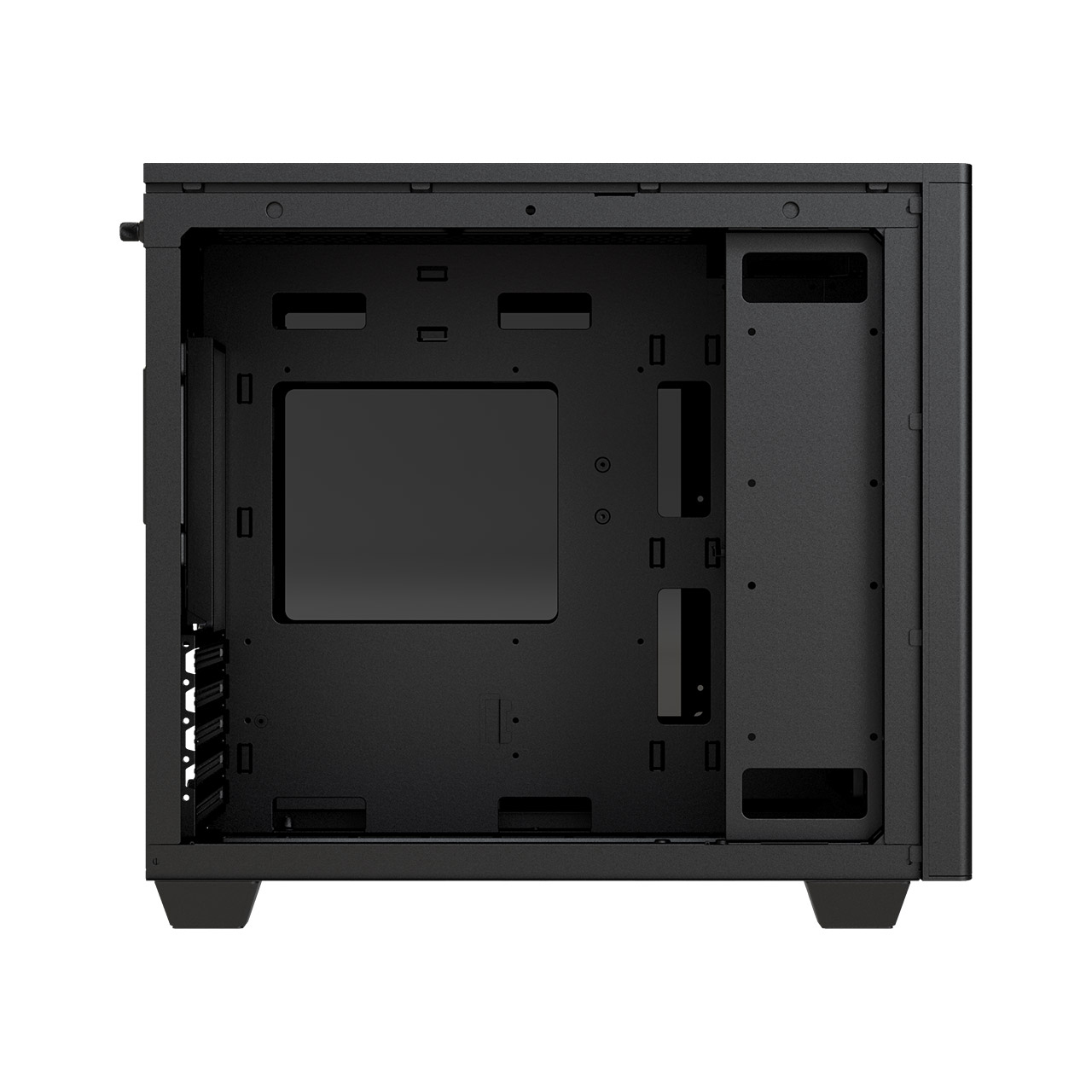 Case PC nero aperto, che mostra i componenti interni e il layout.
