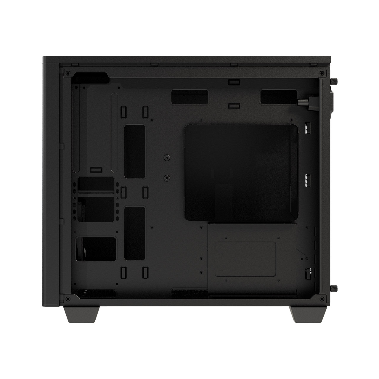 Vista interna di un case nero per computer con vari punti di montaggio e aperture.
