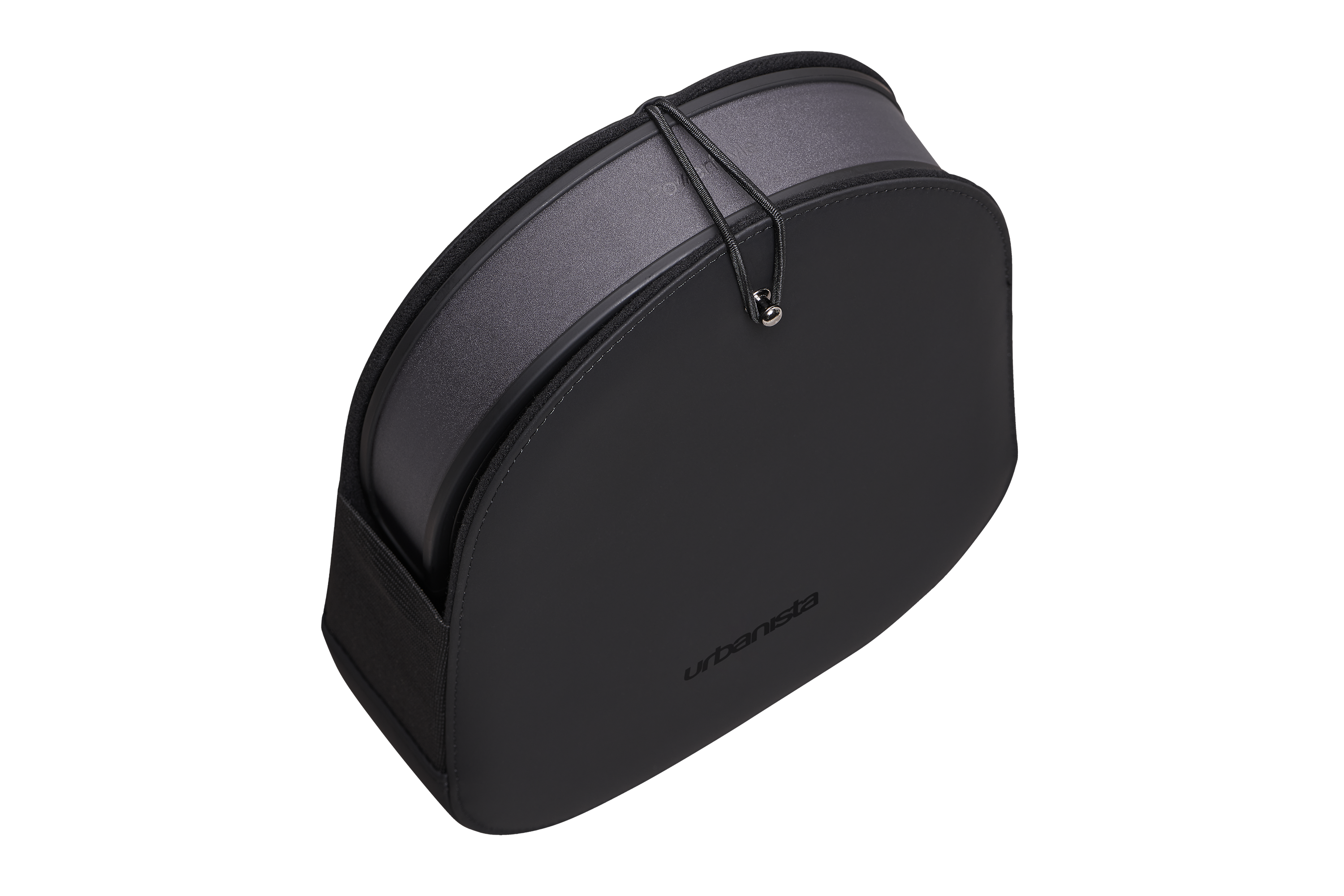 Czarny, zaokrąglony futerał ze sznurkiem. Ma matowe wykończenie i napis "urbanista".