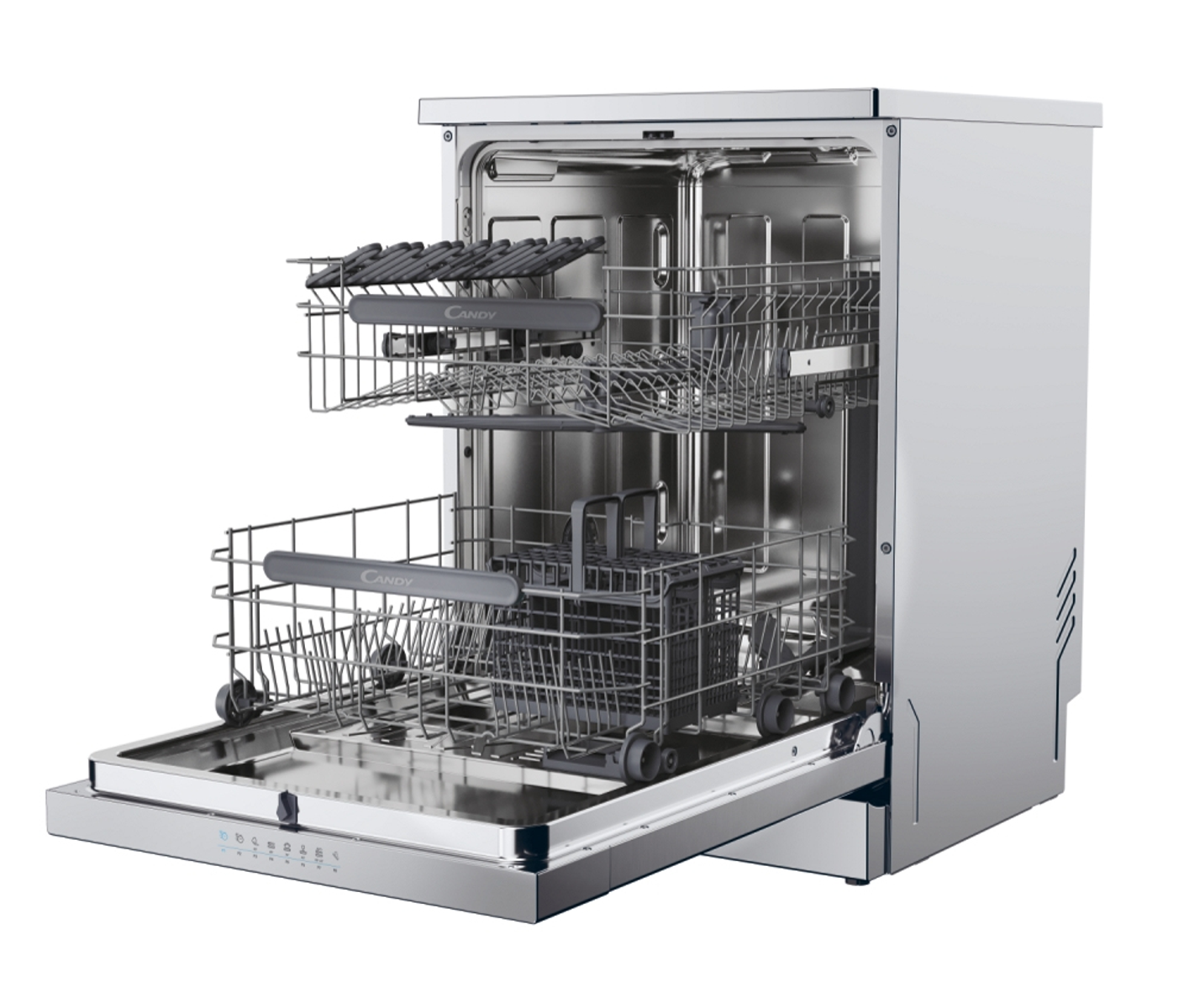Otwarta zmywarka z dwoma koszami na naczynia. Srebrny wygląd, białe tło, marka Candy.