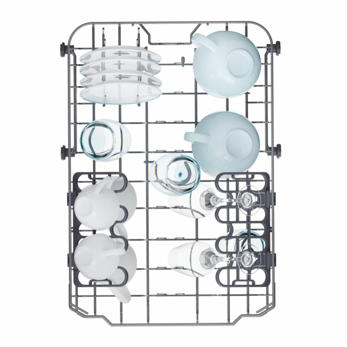 Stojak zmywarki załadowany talerzami, szklankami i kubkami.