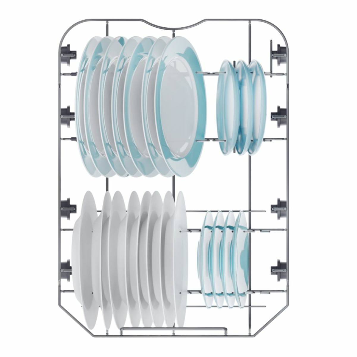 Stojak do zmywarki z talerzami i miskami. Białe talerze z niebieskimi obwódkami i niebieskie miski.