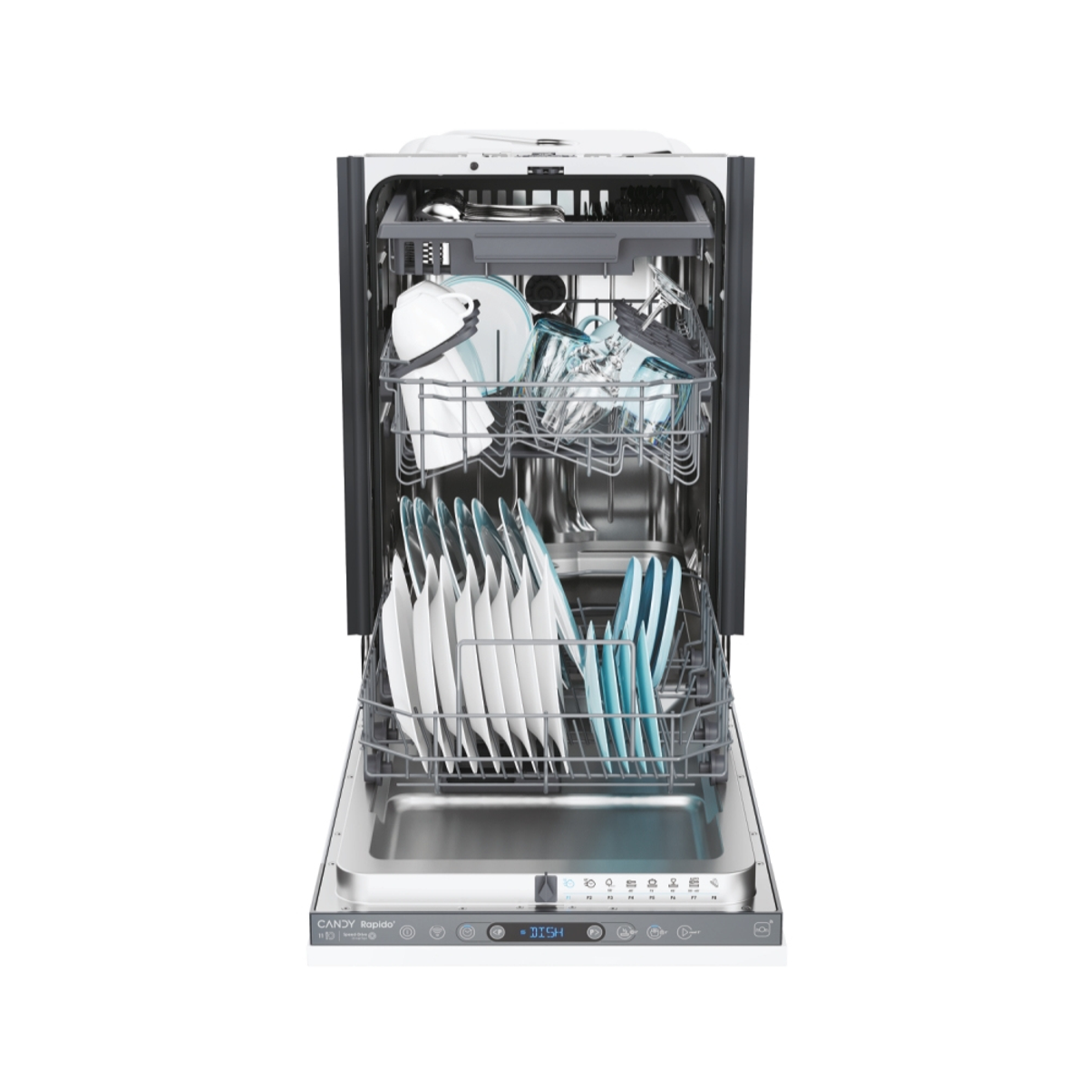 Zmywarka Candy Rapido z otwartymi drzwiami, załadowana naczyniami i sztućcami.
