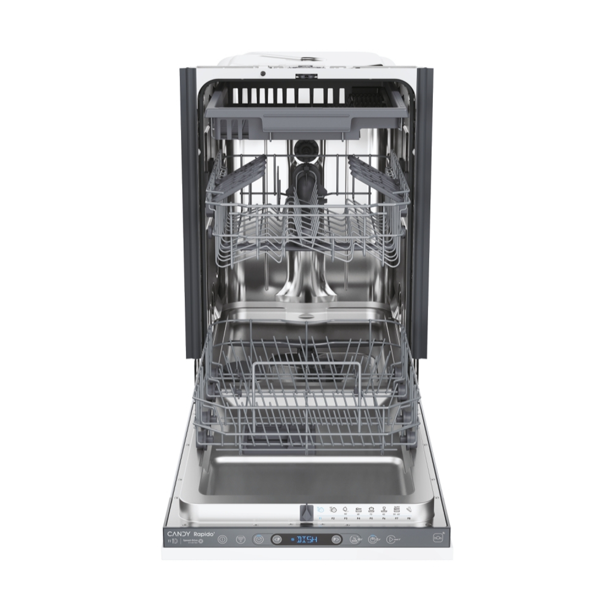 Biała zmywarka z otwartymi drzwiami, z koszami i wnętrzem. Model Candy Rapido, białe wykończenie.