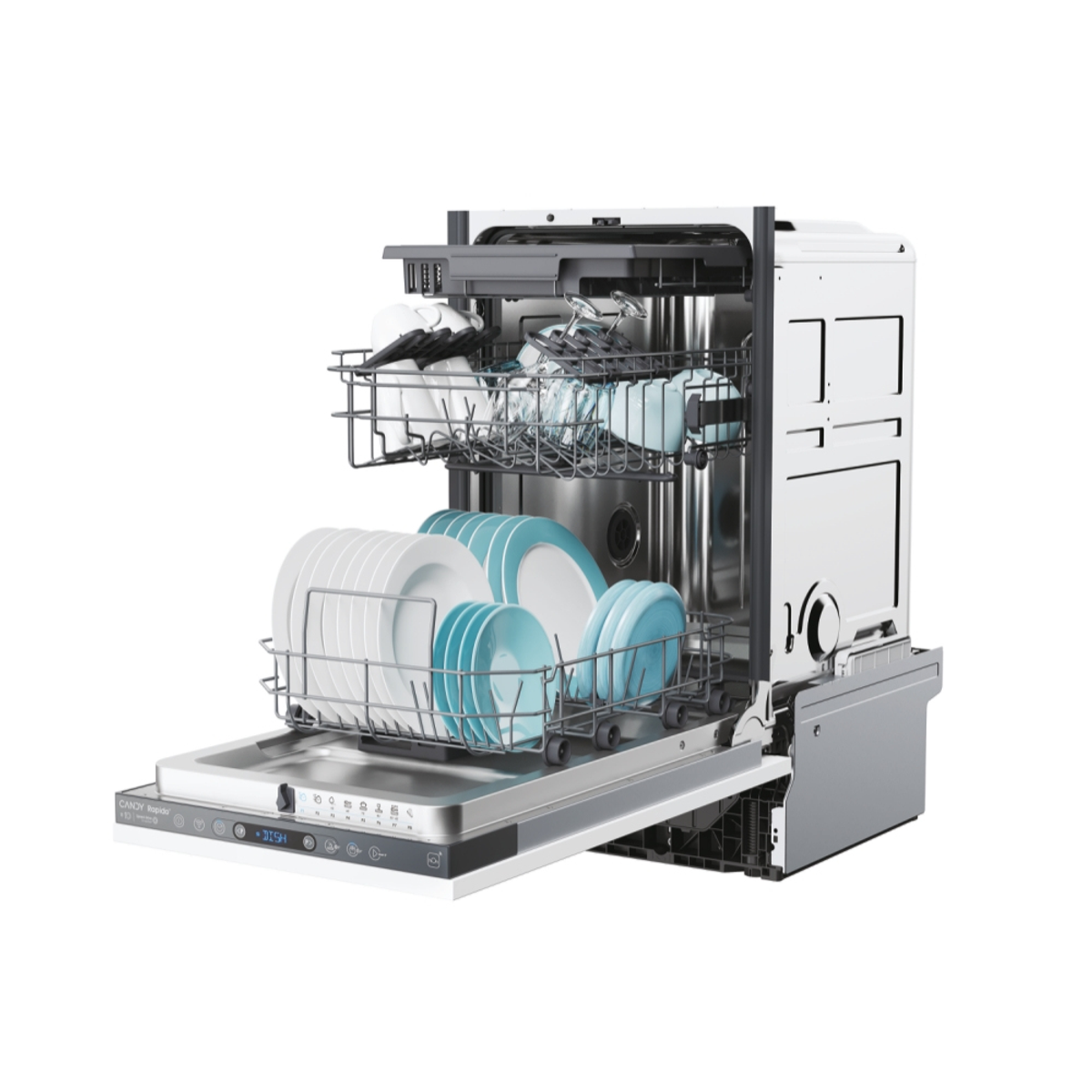 Otwarta zmywarka z naczyniami. Talerze są na dolnej półce. Biała maszyna ze srebrnymi drzwiami.