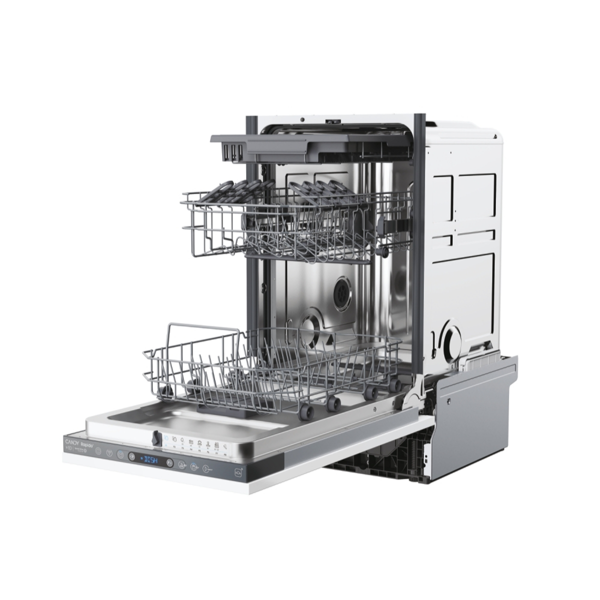 Otwarta zmywarka Candy z dwoma koszami. Wnętrze pokazuje wnętrze z pustymi koszami.