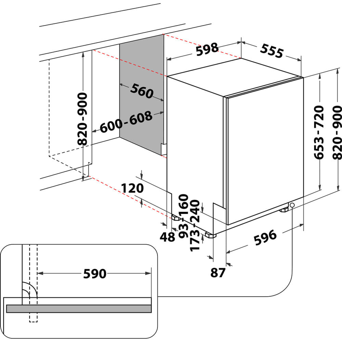 Diagramma che mostra le dimensioni di una lavastoviglie con misure in millimetri.