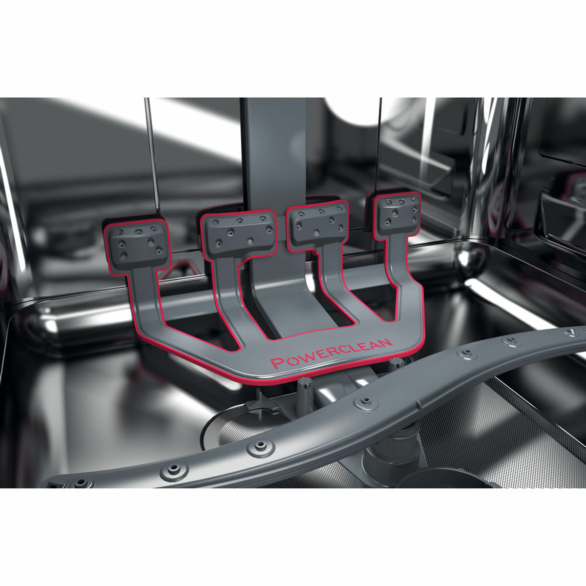 Primo piano dell'interno di una lavastoviglie, che mostra il sistema PowerClean con accenti rossi.