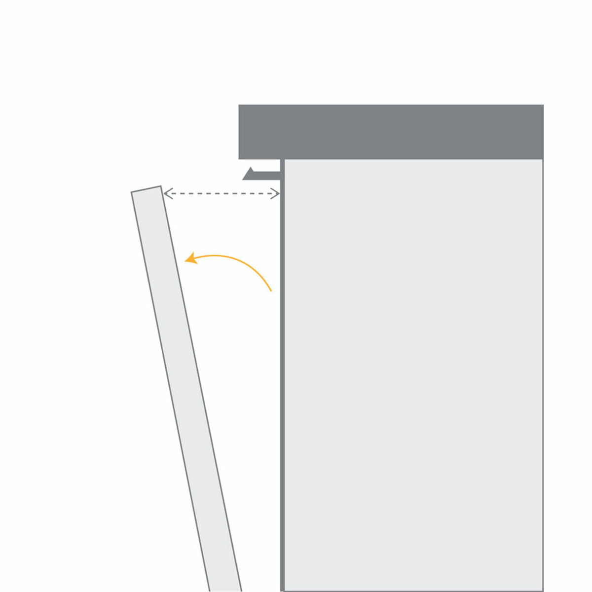 Diagramma che mostra il movimento di apertura della porta di una lavastoviglie. Grigio e bianco.