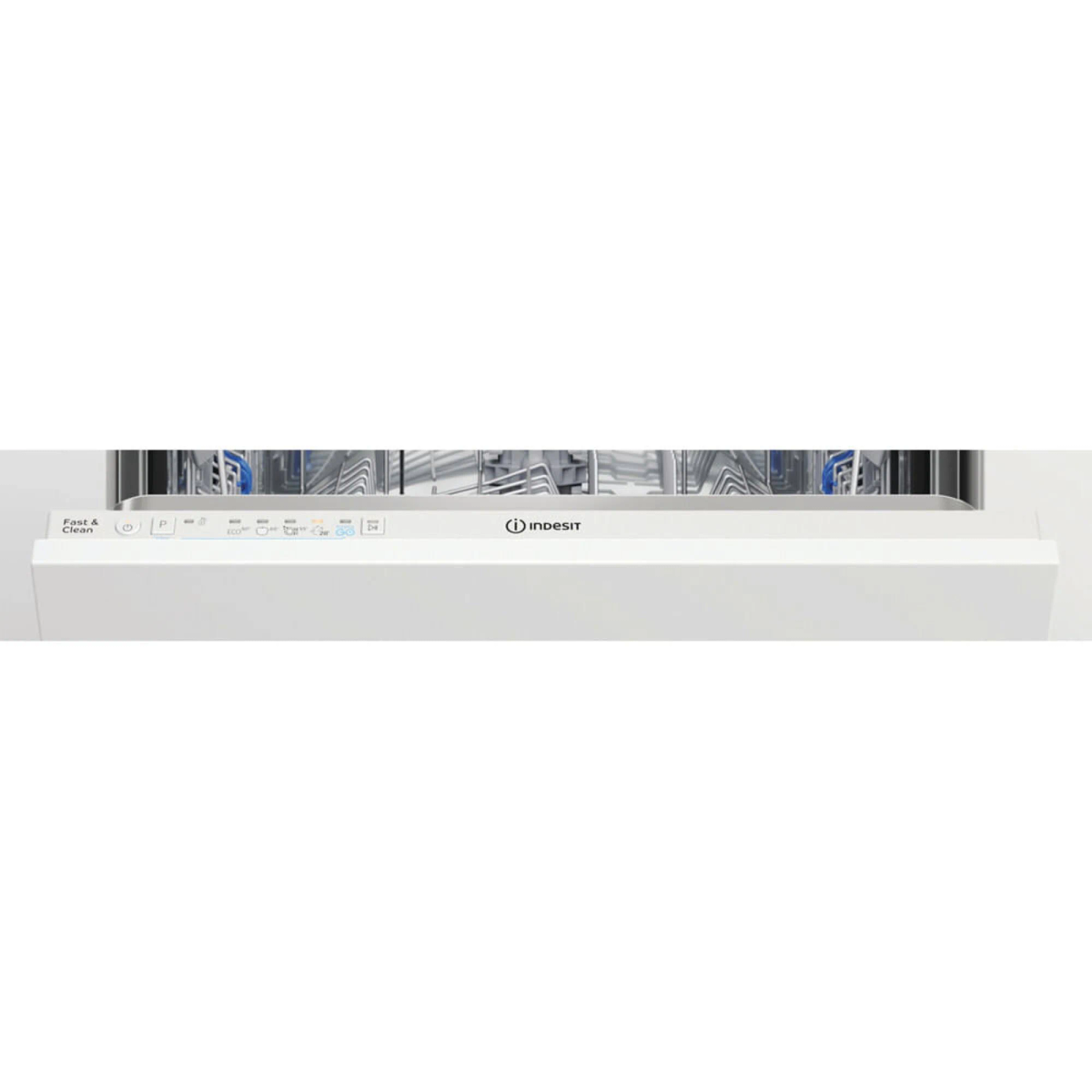 Lavastoviglie Indesit bianca, porta chiusa, con pannello di controllo visibile. Logo Indesit prominente.