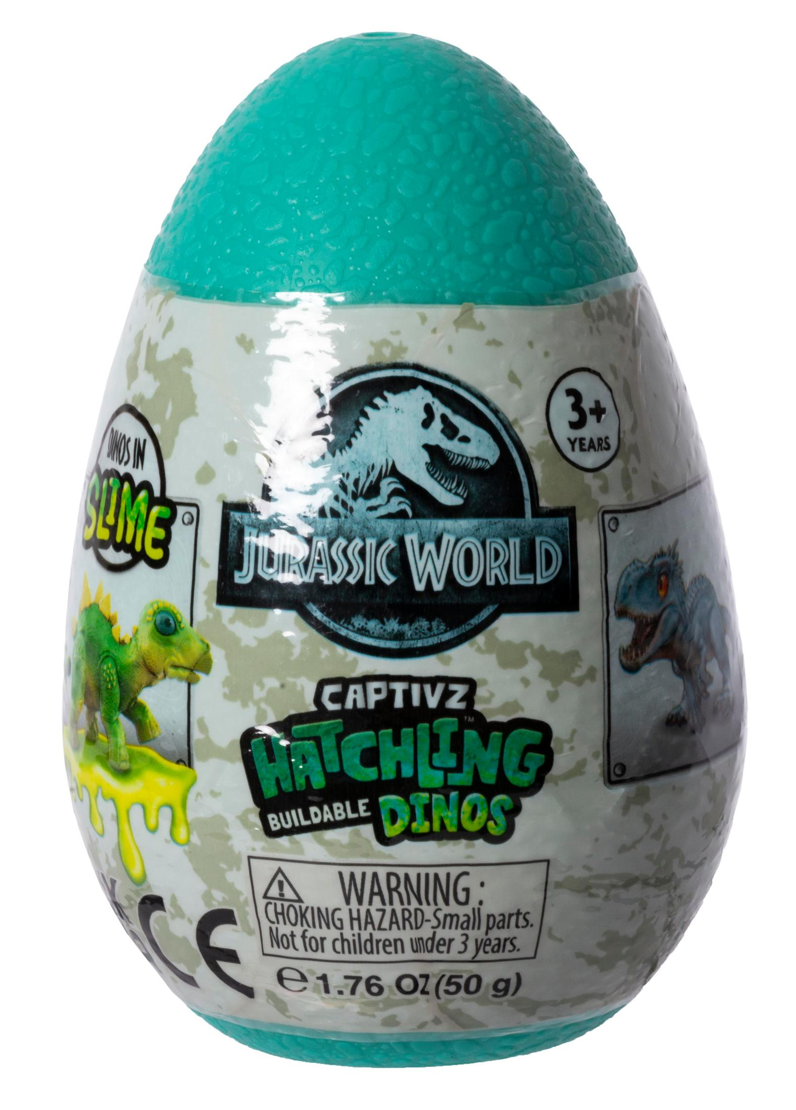Eine Dinosaurier-Ei-förmige Spielzeugverpackung mit Text und einer Warnmeldung.