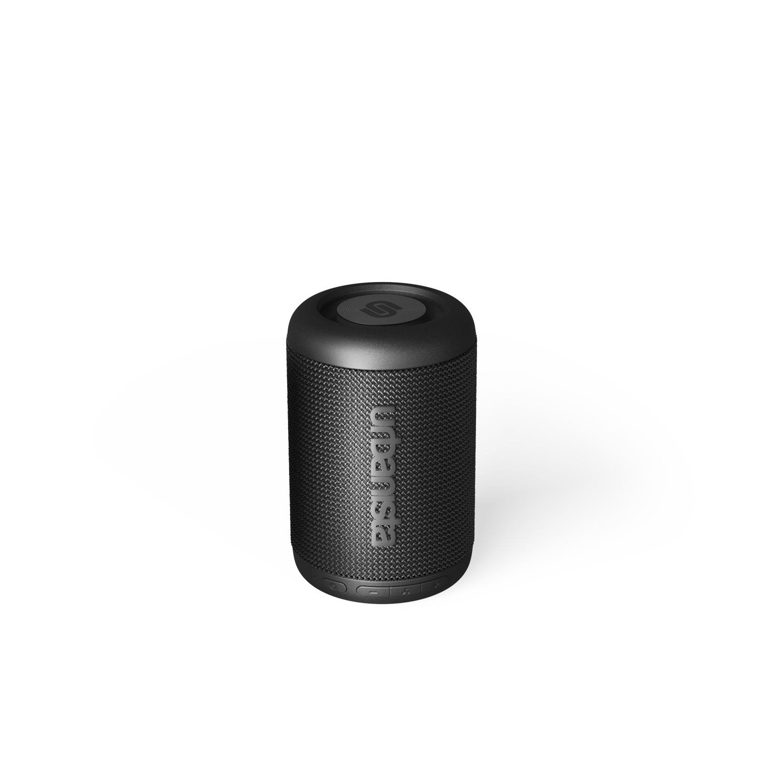 Czarny głośnik cylindryczny z wzorem kratki i logo na górze. Tło jest w ciemnym odcieniu.