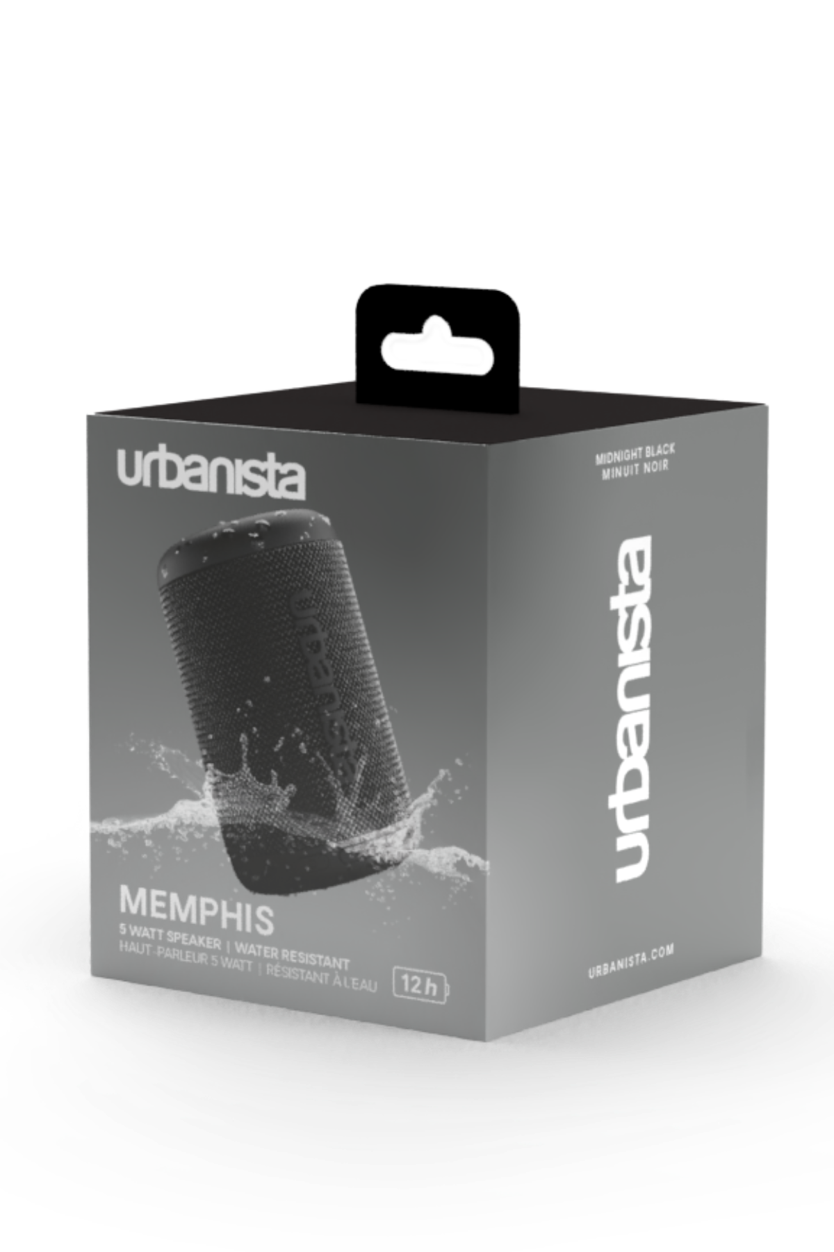 Czarne pudełko głośnikowe Urbanista z głośnikiem Memphis i ilustracją rozprysków wody.