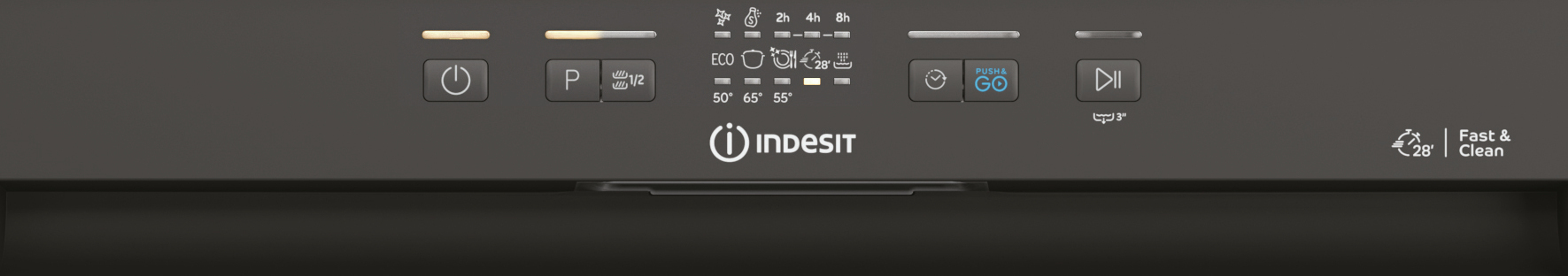 Bedieningspaneel van de vaatwasser met knoppen en indicatoren, met het Indesit-logo.