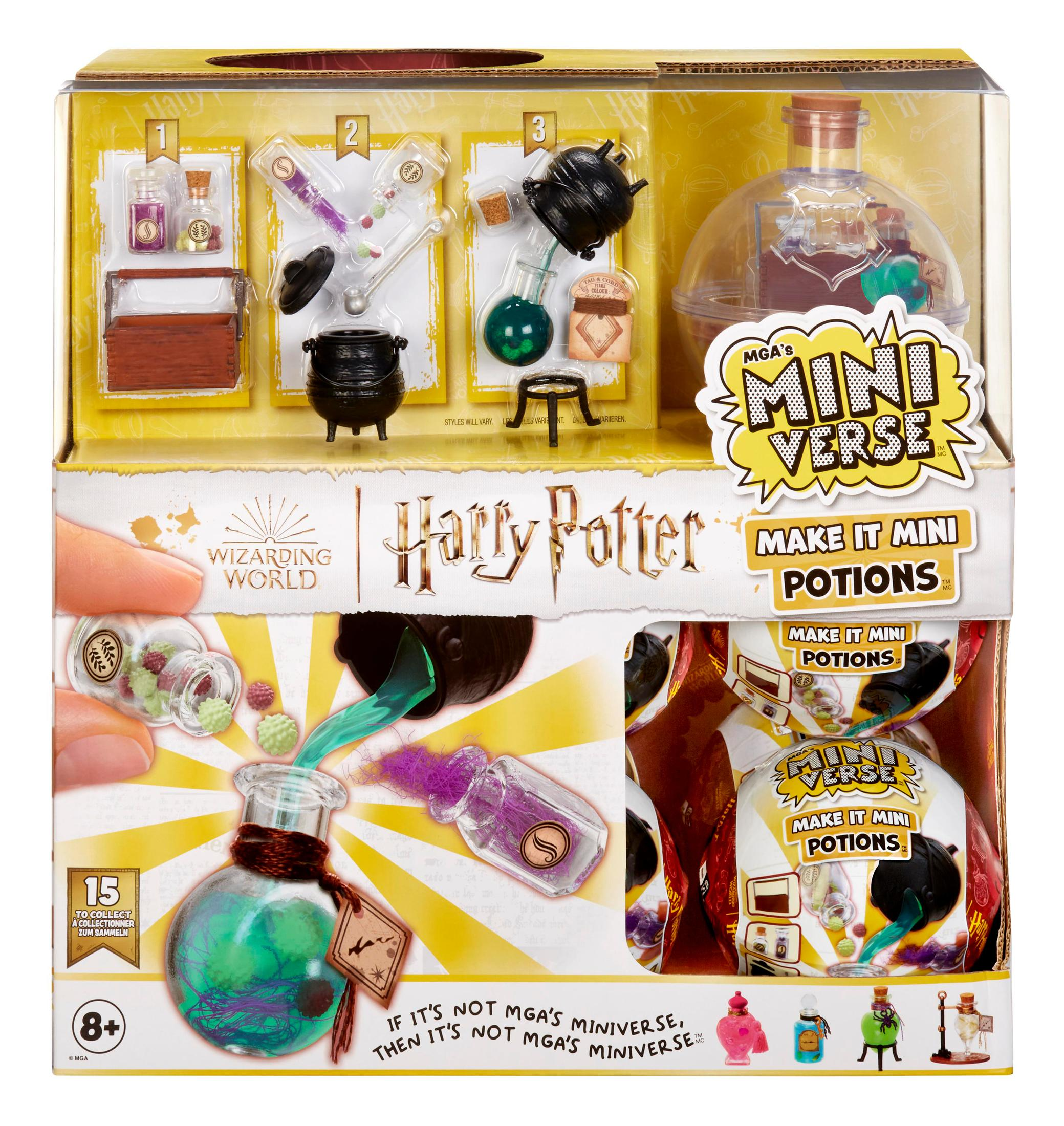 Set Harry Potter Mini Verse con pozioni, calderoni e ingredienti, in una scatola.