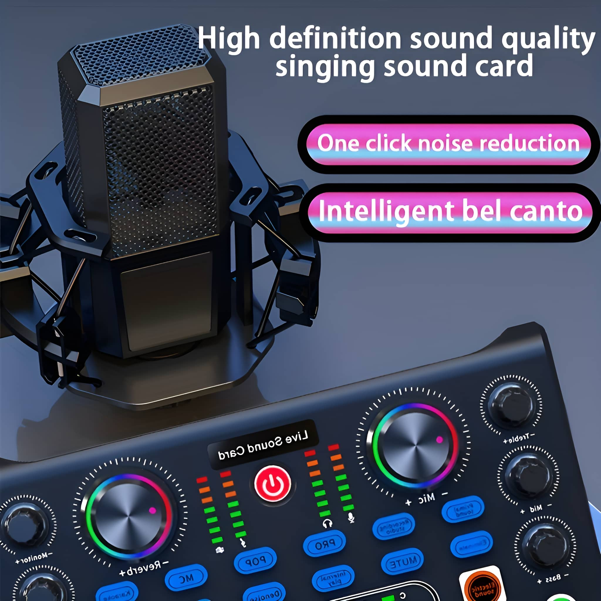 Ein Soundkarten- und Mikrofon-Setup mit Reglern, Tasten und einem Digitaldisplay.