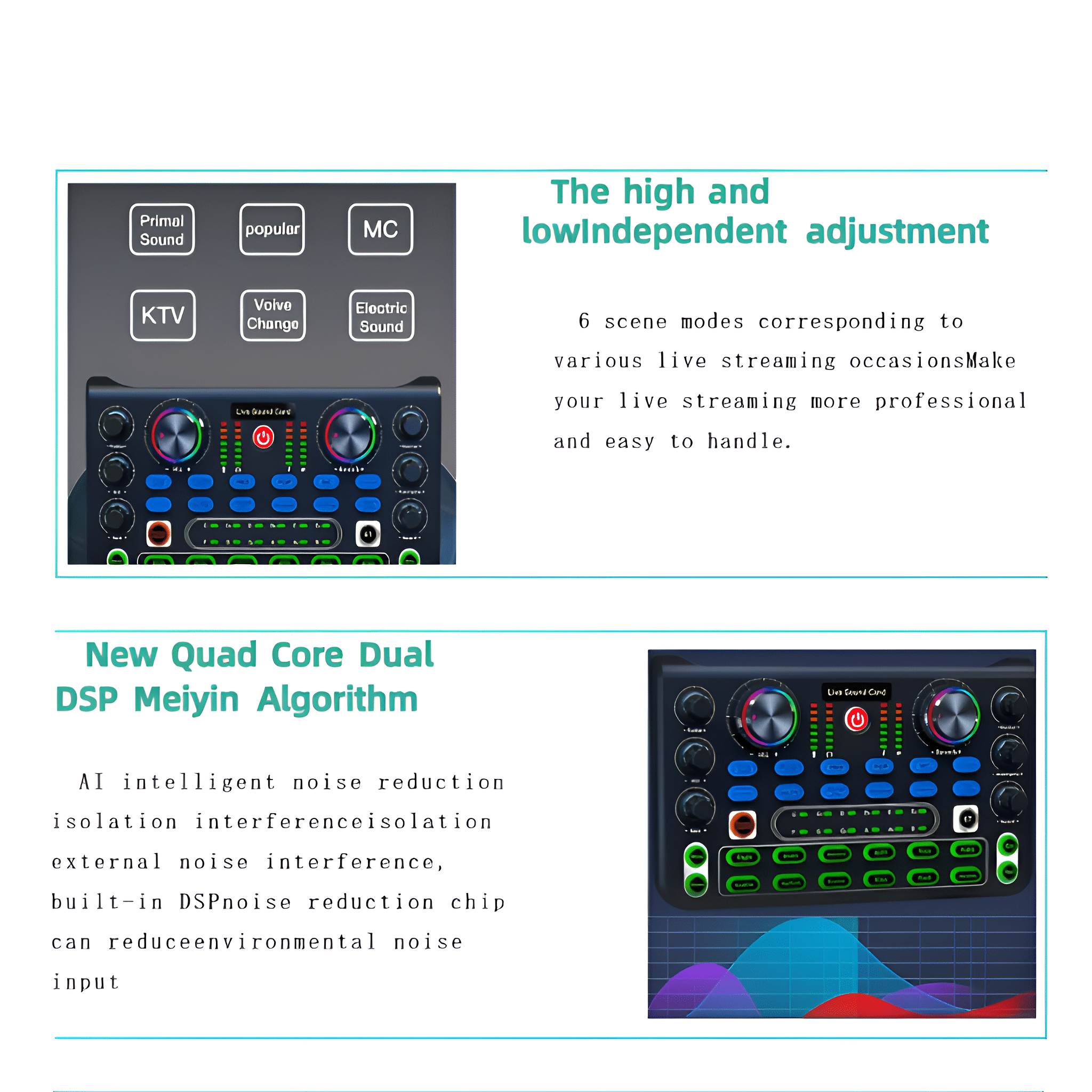 Audiomixer mit mehreren Bedienelementen. Text: New Quad Core Dual DSP Meiyin Algorithm. Zeigt verschiedene Modi.