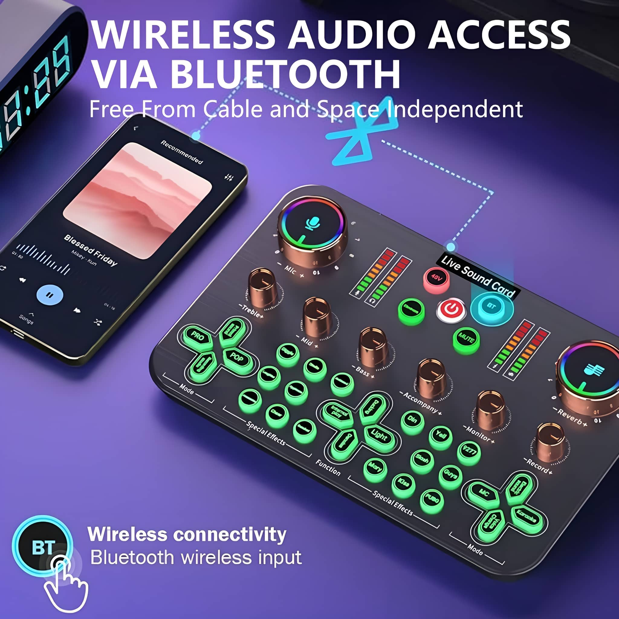 Audiomixer mit Telefon, Knöpfen und Lichtern. Bluetooth-Kabelloseingang.
