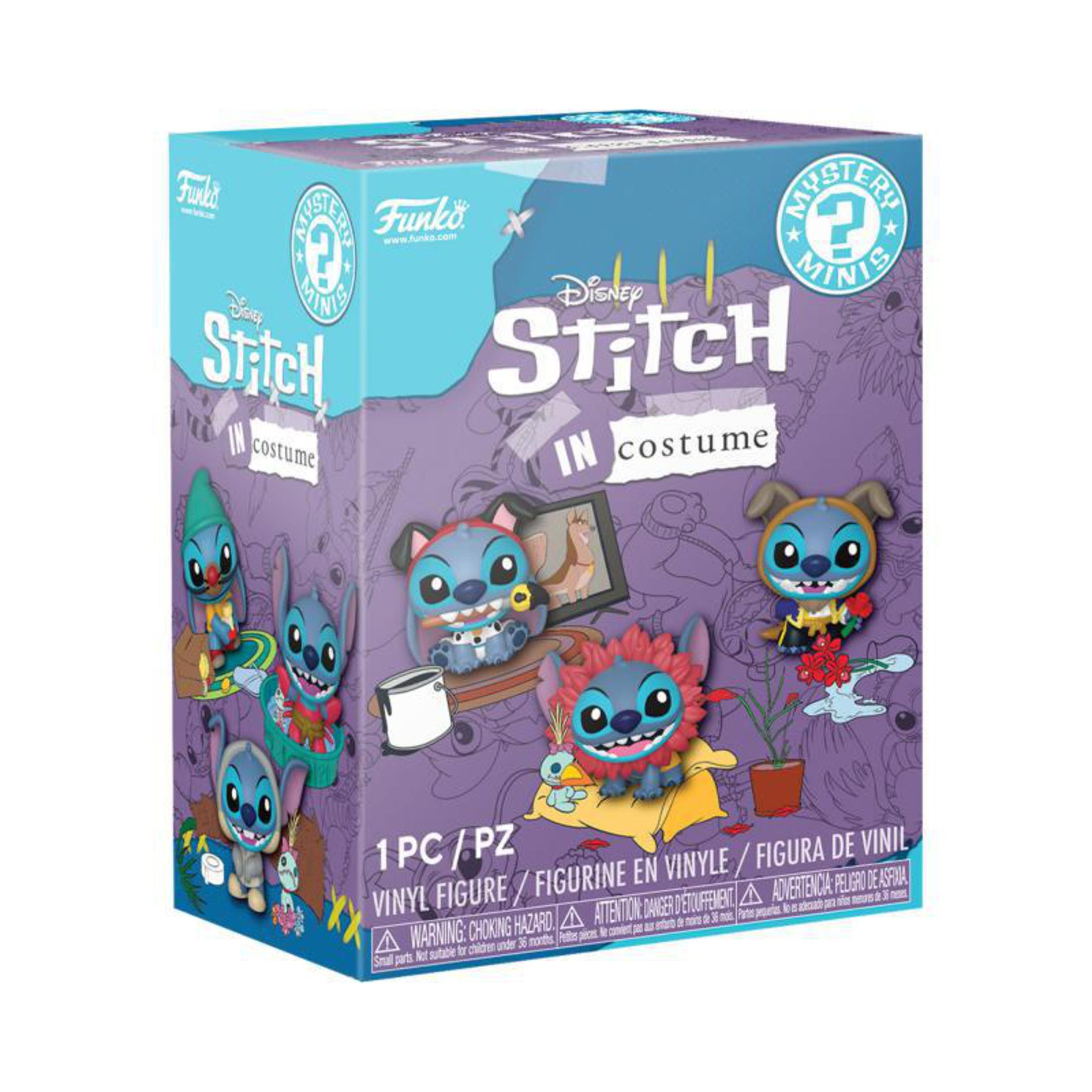 Eine Box mit Funko Stitch-Figuren in Kostümen.