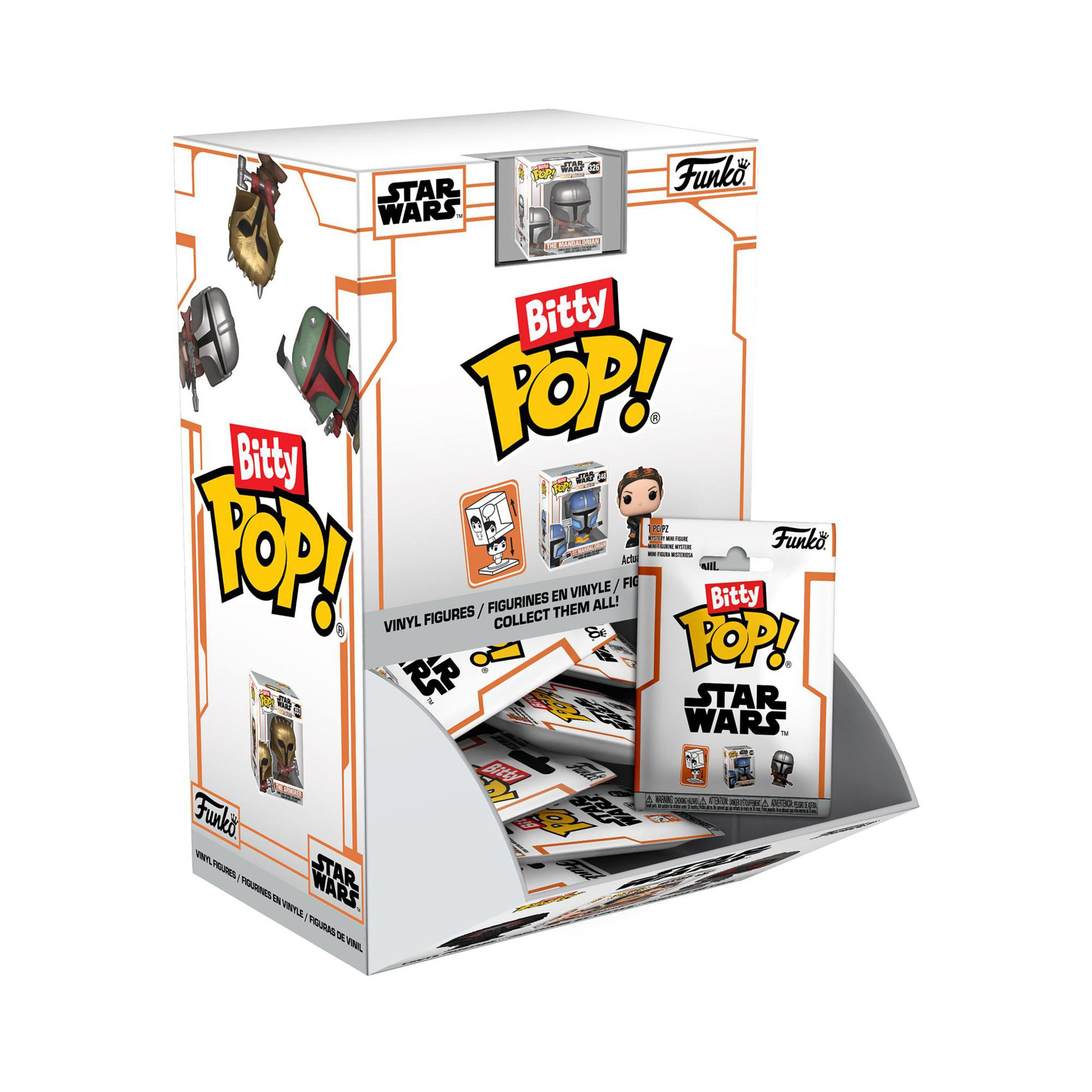 Scatola espositiva Bitty Pop Star Wars. È bianca con i loghi di Star Wars e Funko. Contiene piccole scatole con figure.