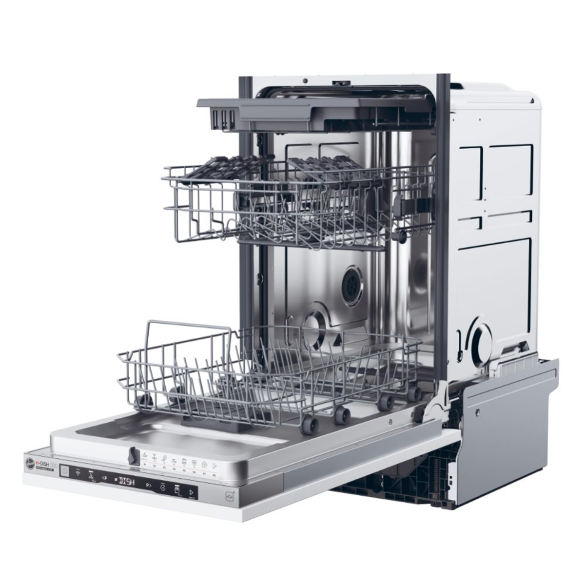 Lavastoviglie aperta con piatti all'interno, interno in acciaio inox, con porta leggermente aperta.