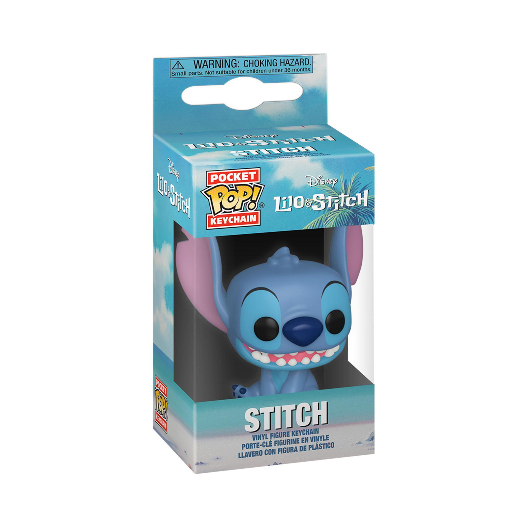 Stitch-Schlüsselanhänger-Figur in einer Box. Blauer Stitch lächelt, weiße Box.
