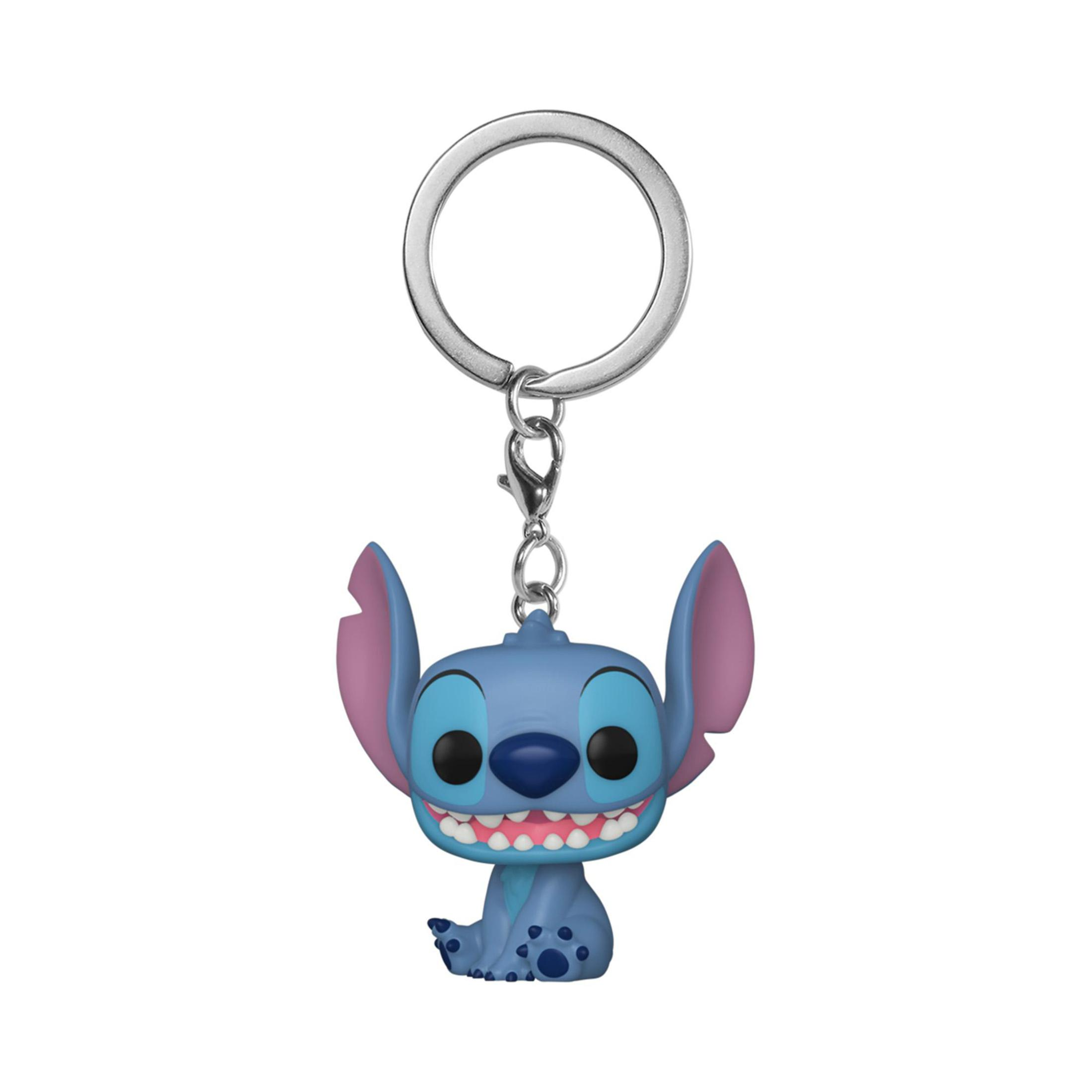 Stitch-Schlüsselanhänger lächelt mit einem silbernen Schlüsselring.