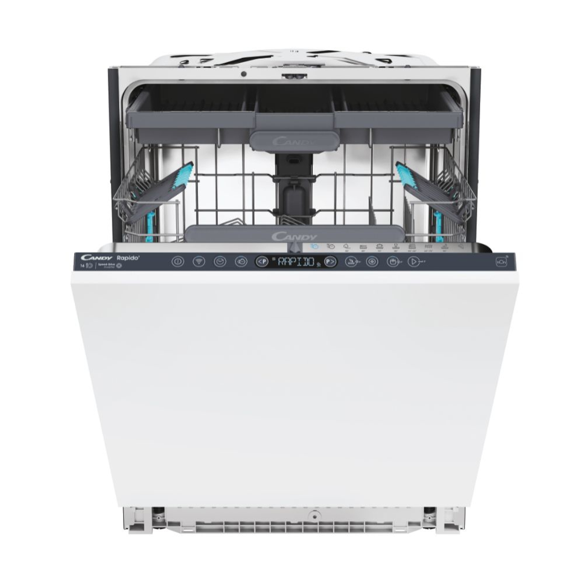 Zmywarka Candy Rapido z otwartymi drzwiami. Pokazuje wnętrze z koszami i elementami sterowania.