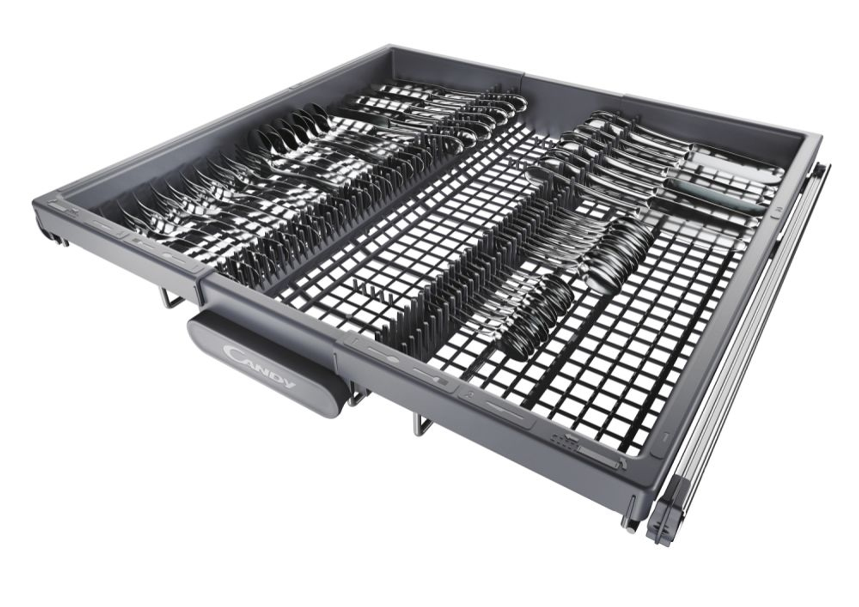 Taca na sztućce w zmywarce wypełniona sztućcami. Widoczna nazwa marki Candy.
