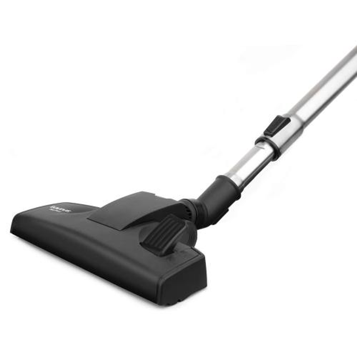 Cabezal negro de aspiradora con tubo plateado sobre fondo blanco.