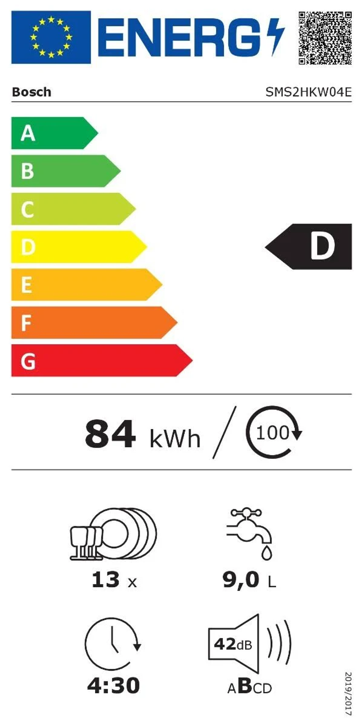 Etiqueta energética para lavavajillas Bosch, mostrando eficiencia, agua y ruido.