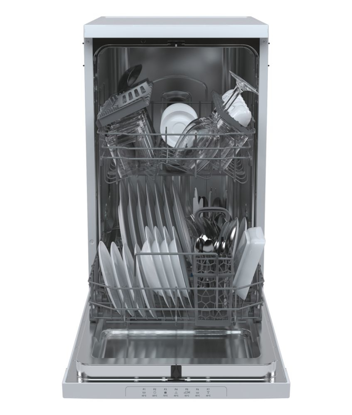 Lavavajillas con puerta abierta, cargado con platos, vasos y cubiertos en rejillas.