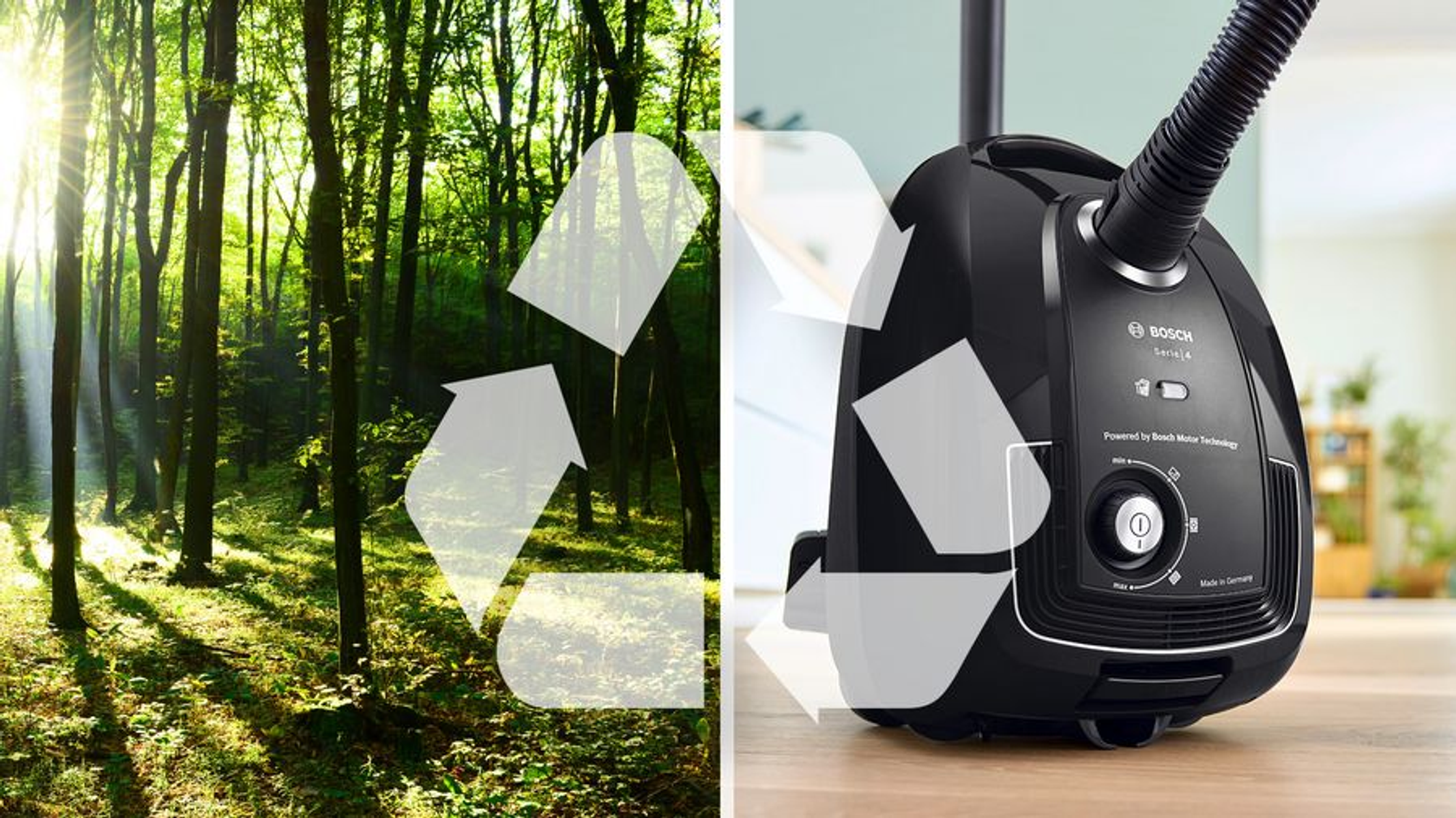 Scena leśna z symbolem recyklingu i odkurzaczem obok.