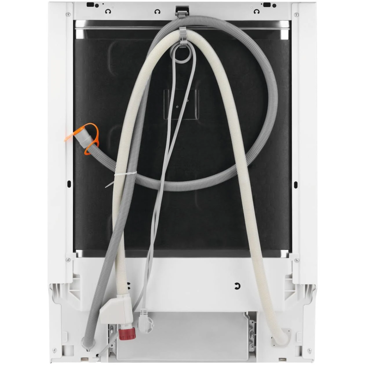 Parte trasera de un lavavajillas. Muestra mangueras, cables y conexiones.