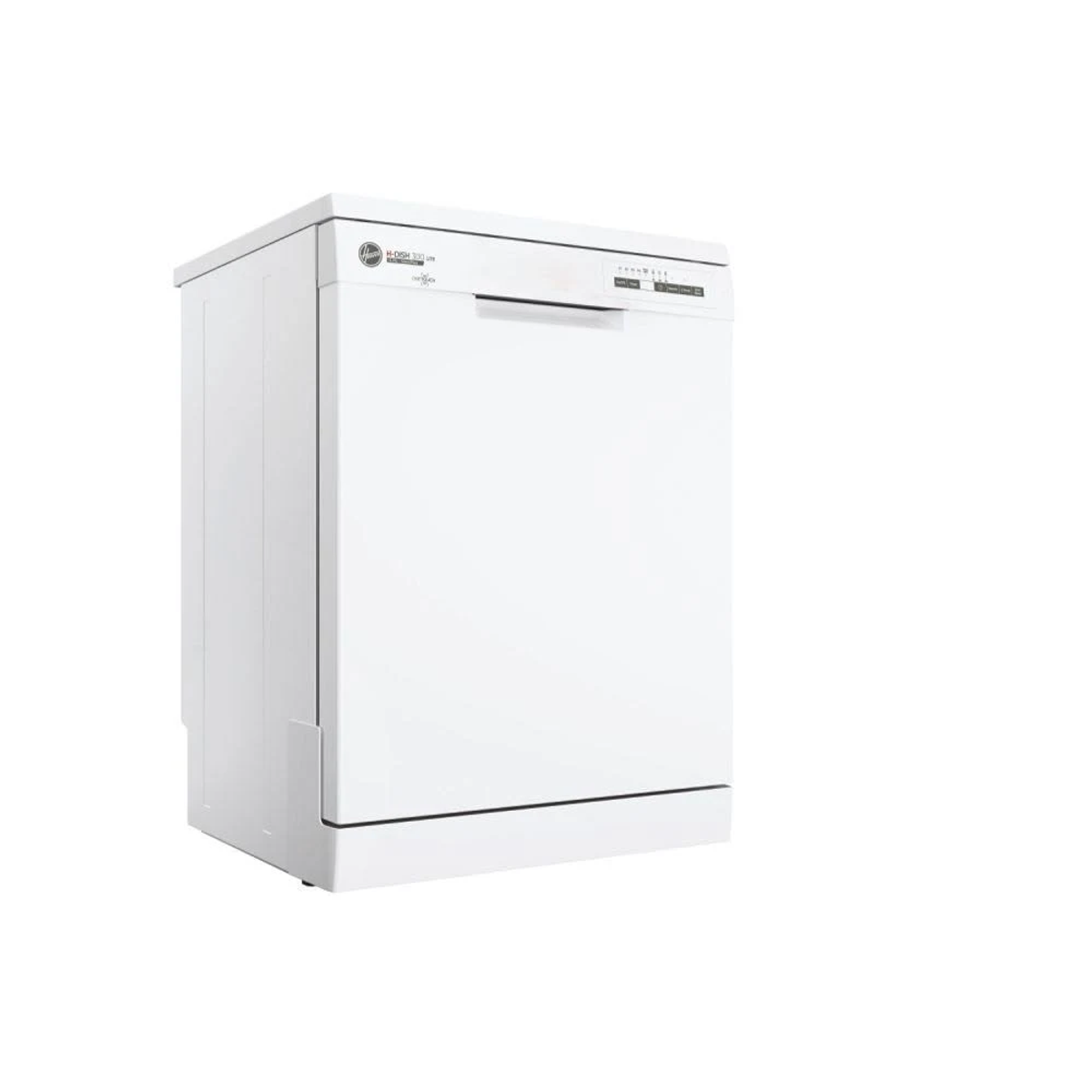 Lavavajillas blanco, con un logotipo de Hoover, en un entorno limpio y bien iluminado, aislado sobre blanco.