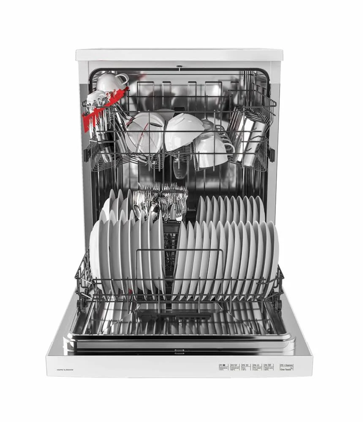 Lavavajillas blanco con la puerta abierta, lleno de platos, tazas y cubiertos.