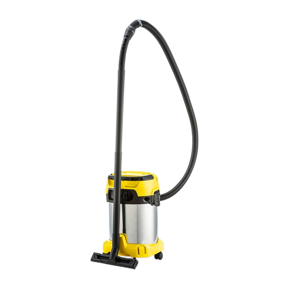 Una aspiradora Vacmaster azul y negra con accesorios, incluyendo mangueras y boquillas.